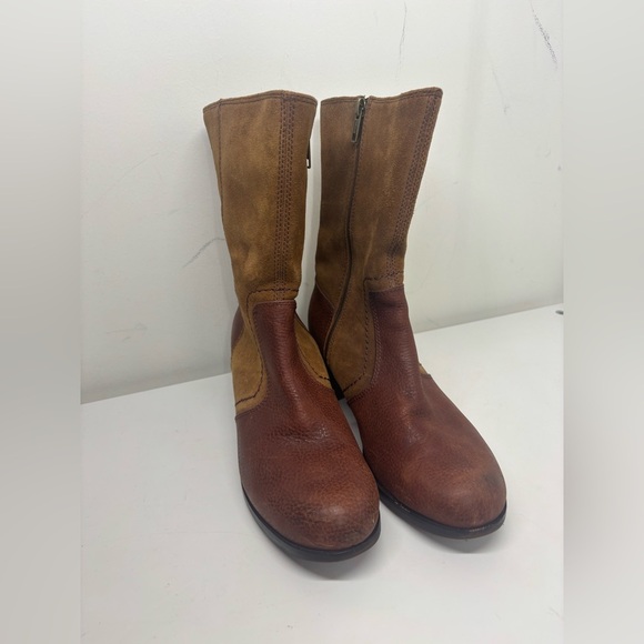 UGG Lou Two Toned Leather Round Toe Zip Up Flat Tall Boots Brown Auburn 8 - Picture 2 of 5